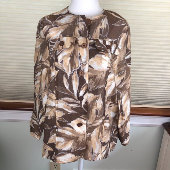 Alfred Dunner Beige Brown Leaf Print Lightweight Jacket Artsy Quiet Luxury - Picture 1 of 17